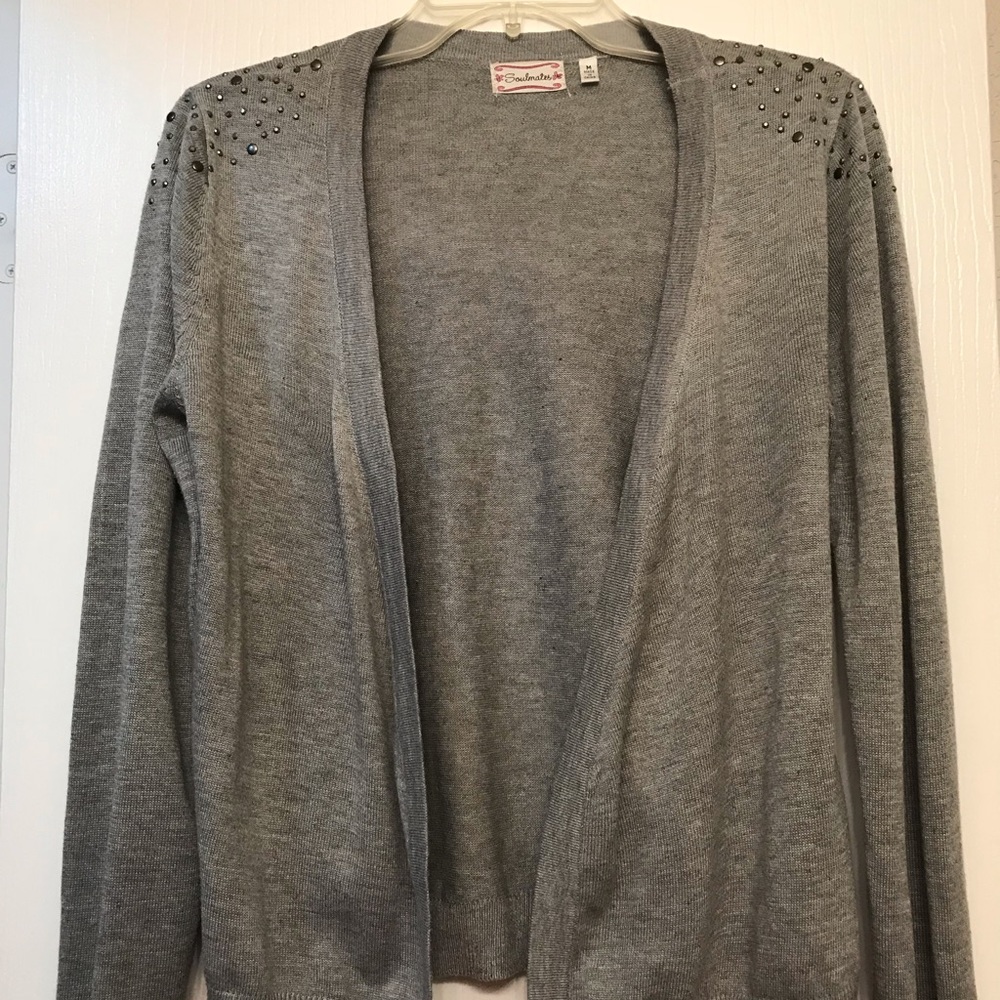 Gray cardigan/sweater with beaded shoulders